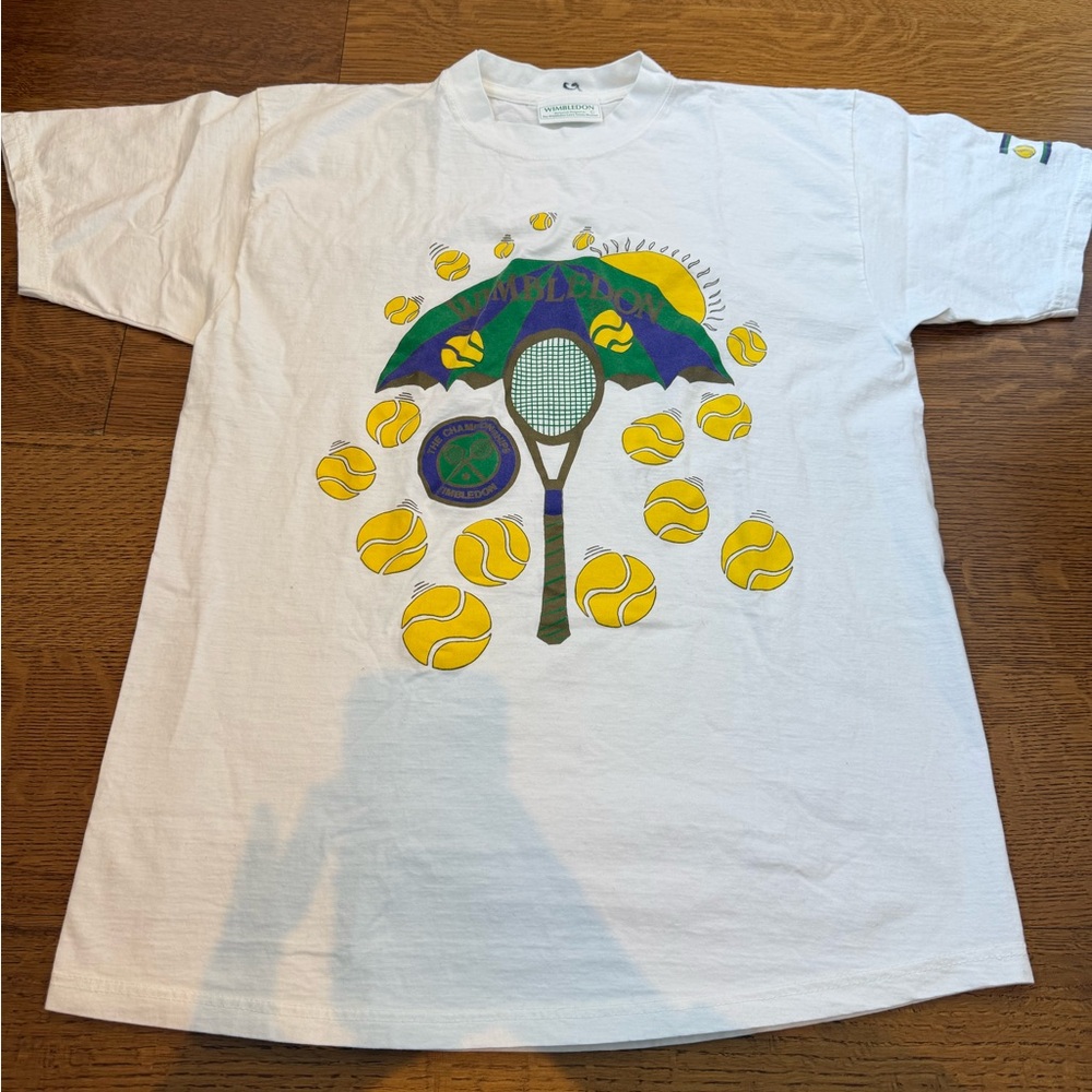 Vintage Wimbledon Tennis Graphic T-Shirt with Yellow & Green Print L